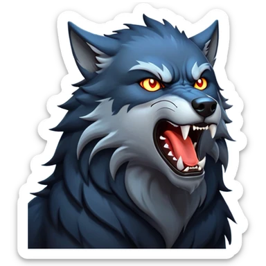 cinematic-noble-fierce-werewolf-howling-portrait-emoji, poised-and-imposing, with a fierce wolfish face tilted upwards in a haunting howl, glowing eyes full of primal ferocity, sharp, and a rugged snout, fur rippling in shades of midnight black and silver, muscles tensed as the powerful howl echoes beneath the moonlit sky; rendered with realism, capturing the raw, untamed power of the beast in its wild, primal state sticker