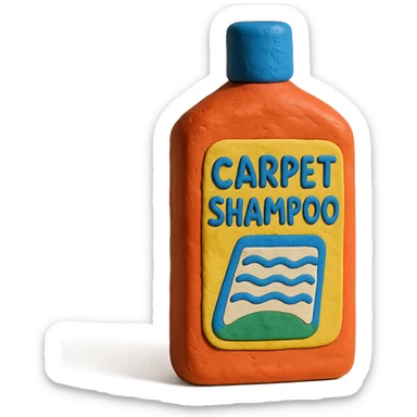 carpet shampoo bottle with blue cap and colorful label, soft lighting, claymation style sticker