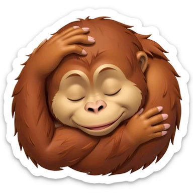 Meme-Worthy cute Sleeping Orangutan Portrait Emoji, Head resting peacefully with a contented smile, showcasing luxuriously soft fur and eyes gently closed in serene slumber, Simplified yet comically adorable features, highly detailed, glowing with a soft, drowsy jungle light, high shine, relaxed and utterly lovable, stylized with an air of playful laziness, bright and heartwarming, soft glowing outline, capturing the essence of a sleeping orangutan that feels destined to become the next viral icon of adorable rest! sticker