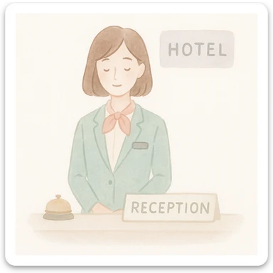 soft watercolor illustration of a female hotel receptionist in a minimalist modern style, pastel colors, delicate linework, gentle whimsical mood, minimal soft shading sticker