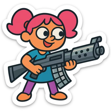 funny, positive stalker girl named Businka with a huge machine gun sticker