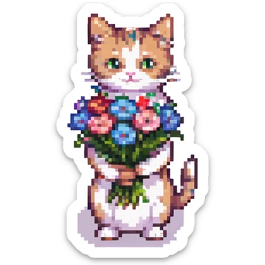 a cute cat with a bouquet of flowers, pixel art style sticker