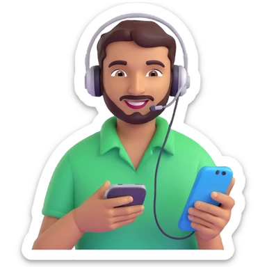 Indian man with a headset, holding a phone, smirking, simple background, 3D emoji style sticker