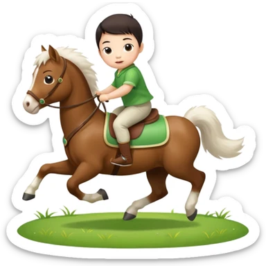l little chinese baby riding on a  cute horse running really fast on the grass with 2026 year's label sticker