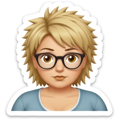  plus size white women with short medium brown and blonde shaggy spiked hair wearing glasses with hazel color eyes and flat nose sticker