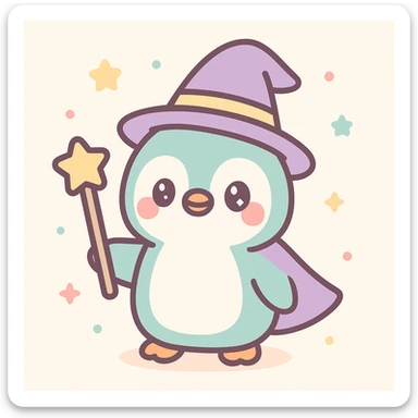 a penguin dressed as a wizard, with a pointy hat and a magic staff, in a cute and whimsical style sticker