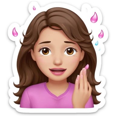 girl with wavy long brown hair, brown eyes, light to medium complexion, long lashes, light pink lipstick, wearing light pink shirt, smiling, crying with big pink tears coming down the face sticker
