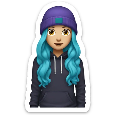 White girl, blue eyes, long teal hair, purple beanie hat, black hoodie, blue jeans, black shoes sticker