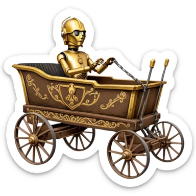 Old American West tarnished underglow C-3PO bounty hunter 1854 delicately ornate rosegold accents painted dune buggy buckboard wagon powered by electric motors and batteries with safety and belts flying rapidly roughening terrain stable on strong agile advanced cantilever suspension and steering sticker