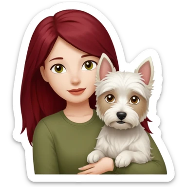 Westie white terrier dog being held by woman with dark red long hair and hazel eye wearing olive green top sticker