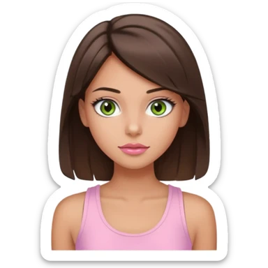Create a teen girl wearing a light pink tank top. She will have brunette hair, tan skin, pink lips, and grey-green eyes. She has long eyelashes. sticker