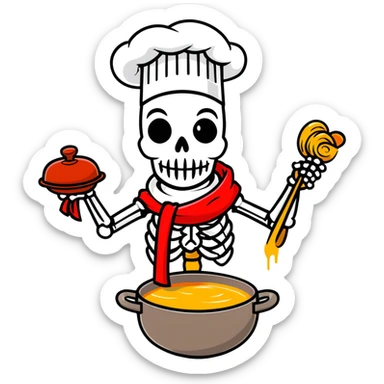 Papyrus from Undertale cooking spaghetti, tall skeleton with red scarf and white armor, enthusiastically stirring pasta in a pot, chef hat sticker
