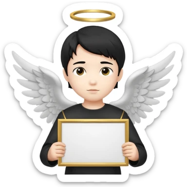 Asian Boy Angel with black hair black black eyes halo and black wings holding a large blank sign sticker