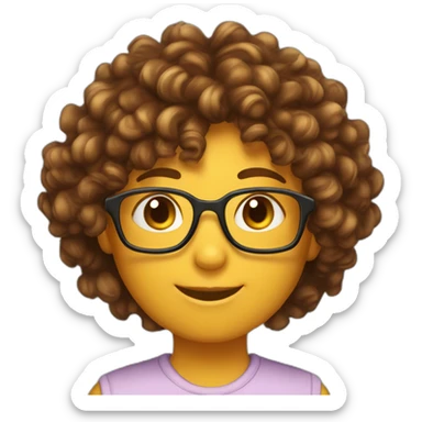 Human emoji, skin #8f6354 color, hair curly long with gradient from #382b26 to #876c55, has glasses with rectangular shape, has tortoiseshell cat ears, and is happy sticker