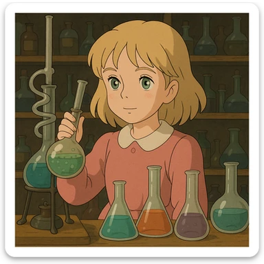 blonde girl with green-grey eyes, in pink clothes, surrounded by chemistry equipment, chemist style sticker