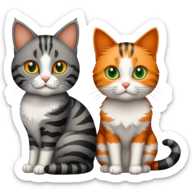 A grey tabby cat with dark grey stripes and green eyes sitting next to a calico cat with orange eyes sticker