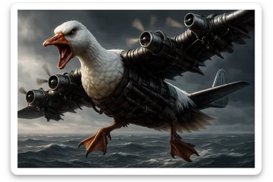 Change the expression of the goose-plane creature to angry, keeping all other details and colors the same, in a style consistent with the original image. sticker