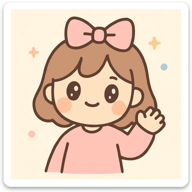 a smiling girl waving, pink sweatshirt, bow on her head, kawaii style sticker