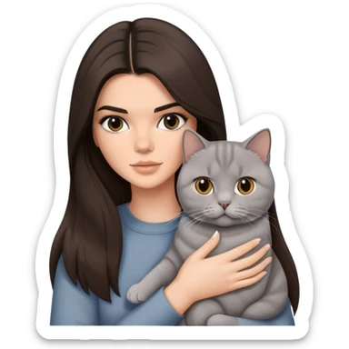 brunette Kendall Jenner with long hair holding on the hands a british british white shorthair cat sticker