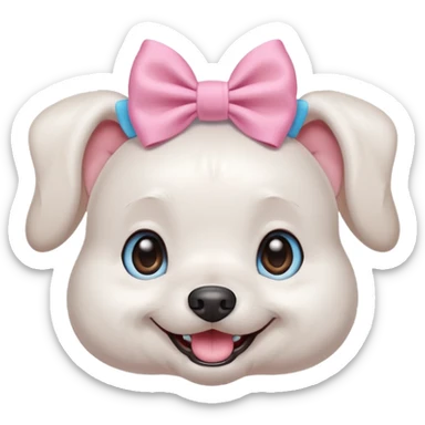 a cute white dog wearing a pink blue pastel bow on his head while he smiles excitedly sticker
