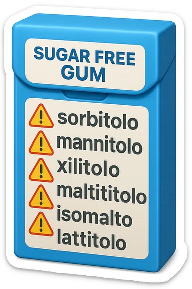 SU QUESTO STILE FAI UN EMOJI STILE IPHONE 3D DI UN pacchetto di gomme senza zucchero con ETICHETTA CON GLI INGREDIENTI SCRITTI, "sorbitolo, mannitolo, xilitolo, maltitolo, isomalto, lattitolo" accanto ad ogni nome scritto mettici un segnale di allarme, FALLO MOLTO REALISTICO IN 3D sticker