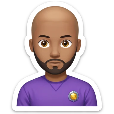 um jovem negro, careca, com barba, com um olhar confiante e olhando para frente, usando uma camisa roxa mostrando o seu beyblade. sticker