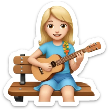 Teen girl – relaxed on park bench, strumming a ukulele, smiling.
 sticker
