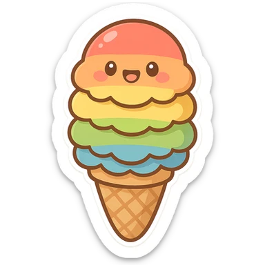 chibi sticker-style ice cream cone with rainbow scoops, pride, cute and exaggerated sticker
