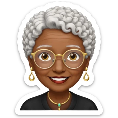 old lady with short, curly white hair, dark brown skin, and large brown eyes, wearing black-rimmed glasses and gold earrings, with a friendly smile sticker