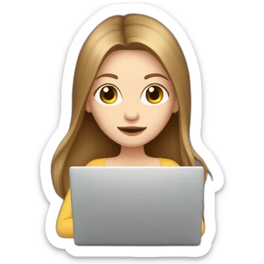 woman with pale skin and brown long hair hiding behind a gigantic laptop sticker