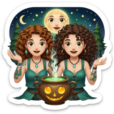 forest alchemist duo two women curly long hair tattooed and short brown mullet mixing glowing moon potion together excited faces sticker