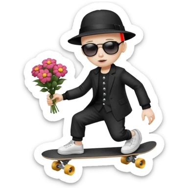 ["Ai sad boy wnith pale sgkin, bald , wearing aa sunhat a nd sunglascses, dresased in gomh fashien, is skrateboardiang while h.olding a f"lower bou]quet."] sticker