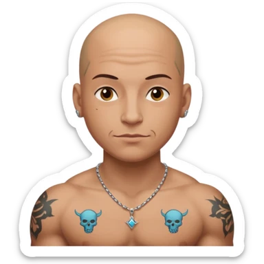 a bald head wearing necklace, having tattoo sticker