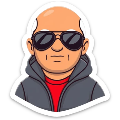middle-aged 50-year-old man with slight wrinkles, aviator sunglasses, wearing a red hoodie sticker