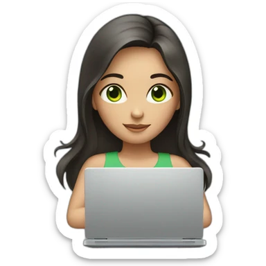 Girl with long dark hair, green eyes and laptop sticker