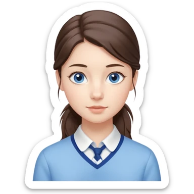 Realistic Student Portrait, with porcelain-like skin featuring a natural rosy flush, illuminated by soft lighting that highlights the gentle contours of her face. Her Brunette pony tail hair flows in soft, Her deep blue eyes radiate warmth and innocence,  wear light blue preppy style. sticker