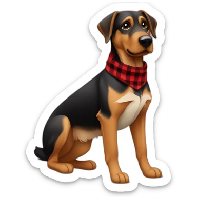 75% Coonhound 25% German Shepherd mix dog wearing small pointed red buffalo plaid bandana side view full body facing left sticker