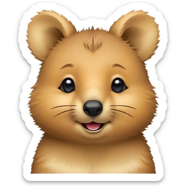 Cinematic Cute Quokka Portrait Emoji, Head tilted playfully and inquisitively, featuring a fluffy, round face with a naturally cheerful grin and bright, sparkling eyes full of playful curiosity, Simplified yet irresistibly adorable features, highly detailed, glowing with a warm, friendly glow, high shine, affectionate and spirited, stylized with a touch of Aussie whimsy, bright and endearing, soft glowing outline, capturing the essence of a mischievous yet loving quokka, so playful it feels like it could scamper out of the screen and into your arms! sticker