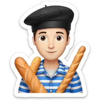 French man with blue and white striped shirt, black beret, holding a baguette sticker