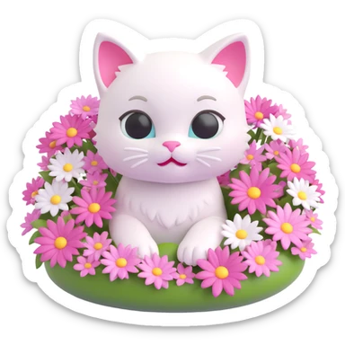 Add more pink flowers around the floating white kitten, in 3D iOS emoji style with soft gradients and glossy finish, no background. sticker