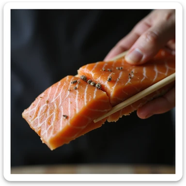 man holding a slice of raw salmon with chopsticks, the fish meat showing parasites inside, realistic 4K style sticker
