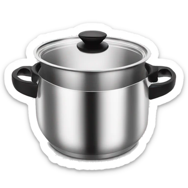 “Royal Prestige” Stainless steel pot with black handlers, food inside. sticker