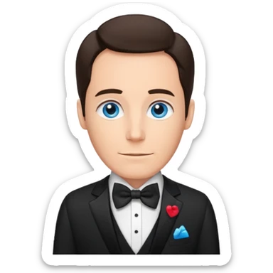 Andy Williams with blue eyes, black suit with bow tie sticker