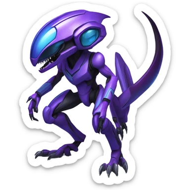 a black-blue-purple Genesect-Raptor-Fakémon—hybrid with a futuristic visor-helmet full body sticker