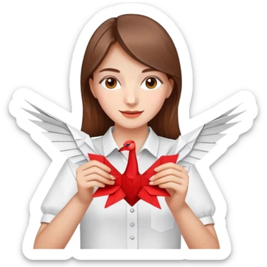 A happy Ukrainian young girl with brown hair in a white embroidered shirt makes an origami red crane craft sticker