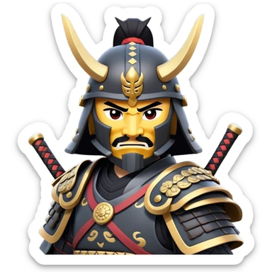 clash-of-clans-aesthetic_-cinematic-fearsome-and-majestic-samurai-bust-portrait-emoji, rendered in a flat, vector-style with minimal shading and bold, simplified shapes typical of emoji art, depicting a battle-hardened samurai with black mask and traditional black Japanese armor. The samurai is riding a noble grey warhorse adorned with an intricately designed saddle and fluttering banners and a rising sun. a samurai on a   horse sticker