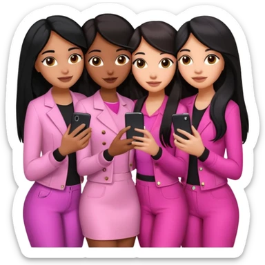 3 brown girl friends with a phone on their hand, one with black long hair light skin,  one with brown hair long and the other one with black with brown medium length hair . Wearing pink glammed up and hugging  sticker