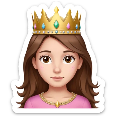 girl with brown long hair, brown eyes, pink top, gold crown, subtle birthmark left of nose, festive birthday look sticker