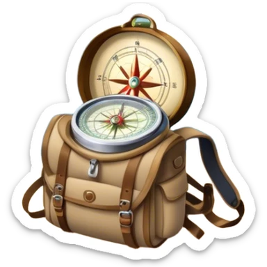 Icon for Expeditions: a compass, a map, and a backpack with trekking gear, set against a backdrop of snowy mountains, sand dunes, and tropical islands. The icon should represent the spirit of adventure and exploration in diverse landscapes. Transparent background. sticker