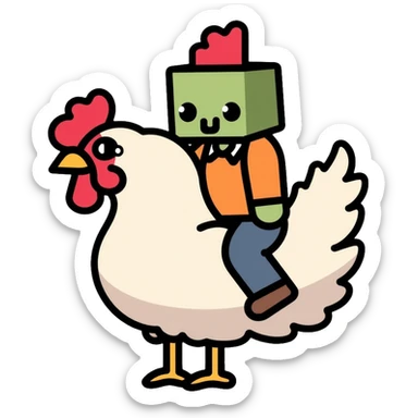 Minecraft chicken jockey - a small pixelated baby zombie riding on top of a white chicken, blocky style sticker